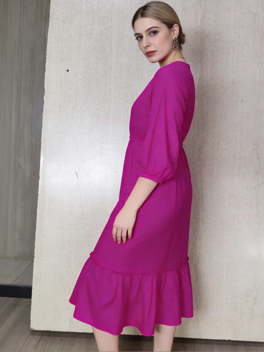 Elegant Pink Pleated Midi Dress – Long Sleeve Casual & Office Wear