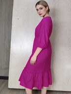 Elegant Pink Pleated Midi Dress – Long Sleeve Casual & Office Wear