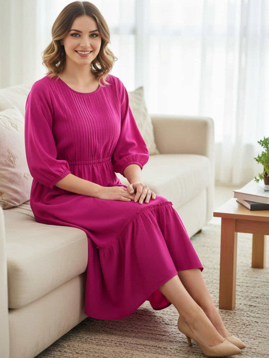 Elegant Pink Pleated Midi Dress – Long Sleeve Casual & Office Wear