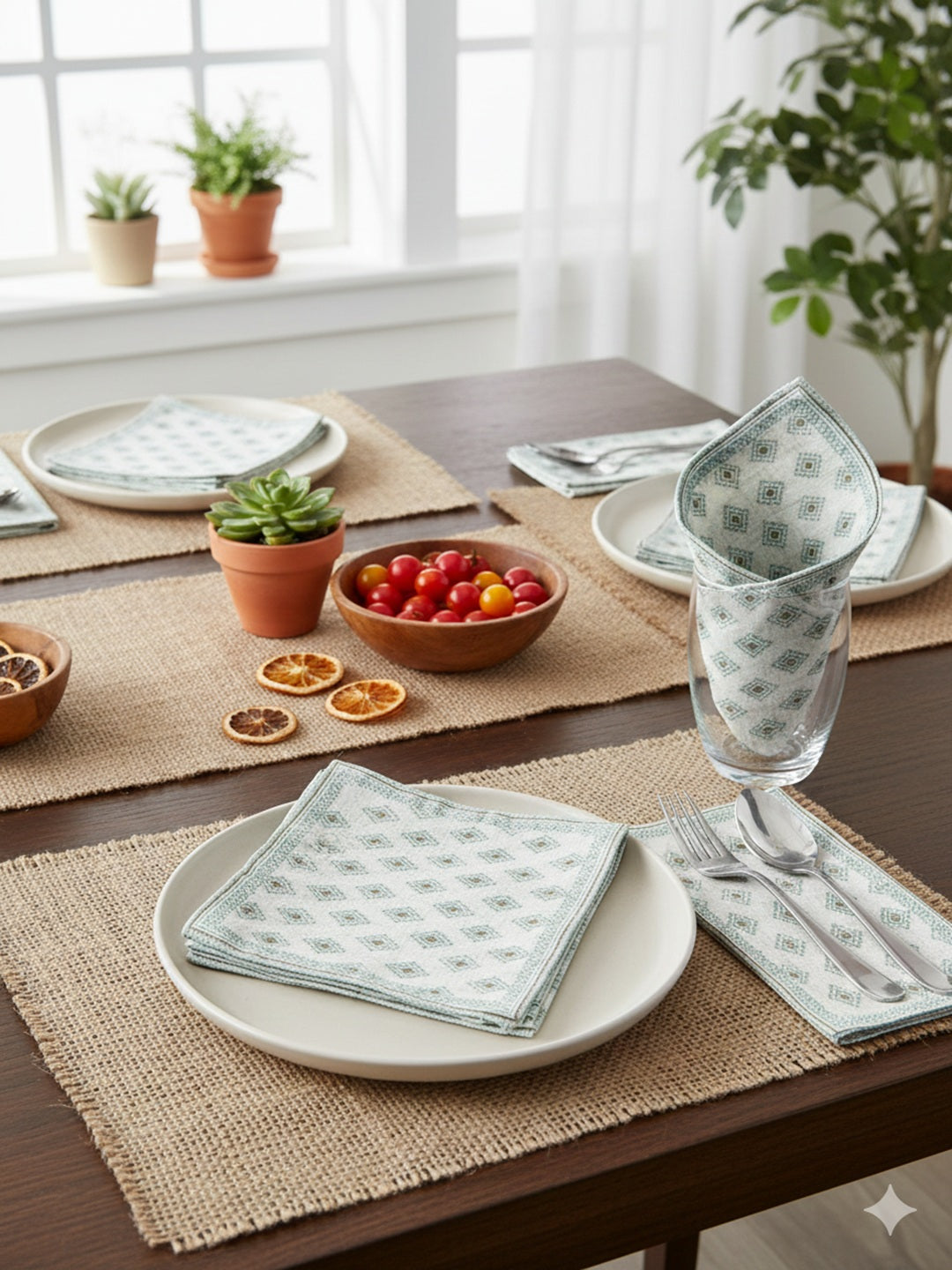 9 Pc Fringed Cotton Table Linen Set: Runner, 4 Place Mats, 4 Napkins I