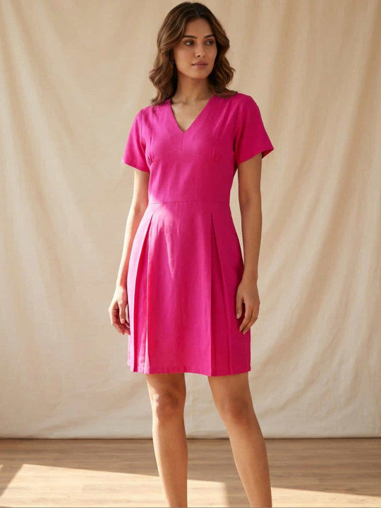 Hot Pink V-Neck A-Line Mini Dress – Casual Chic Summer Dress