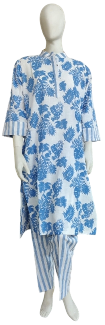 Blue Floral Print with Stripes Cotton Co-ord Set