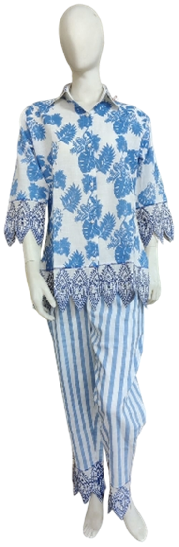 Blue Floral Print Cotton Co-ord Set with Embroidery