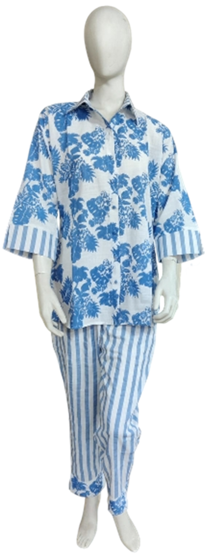 Blue Floral Print Cotton Co-ord Set with Stripes