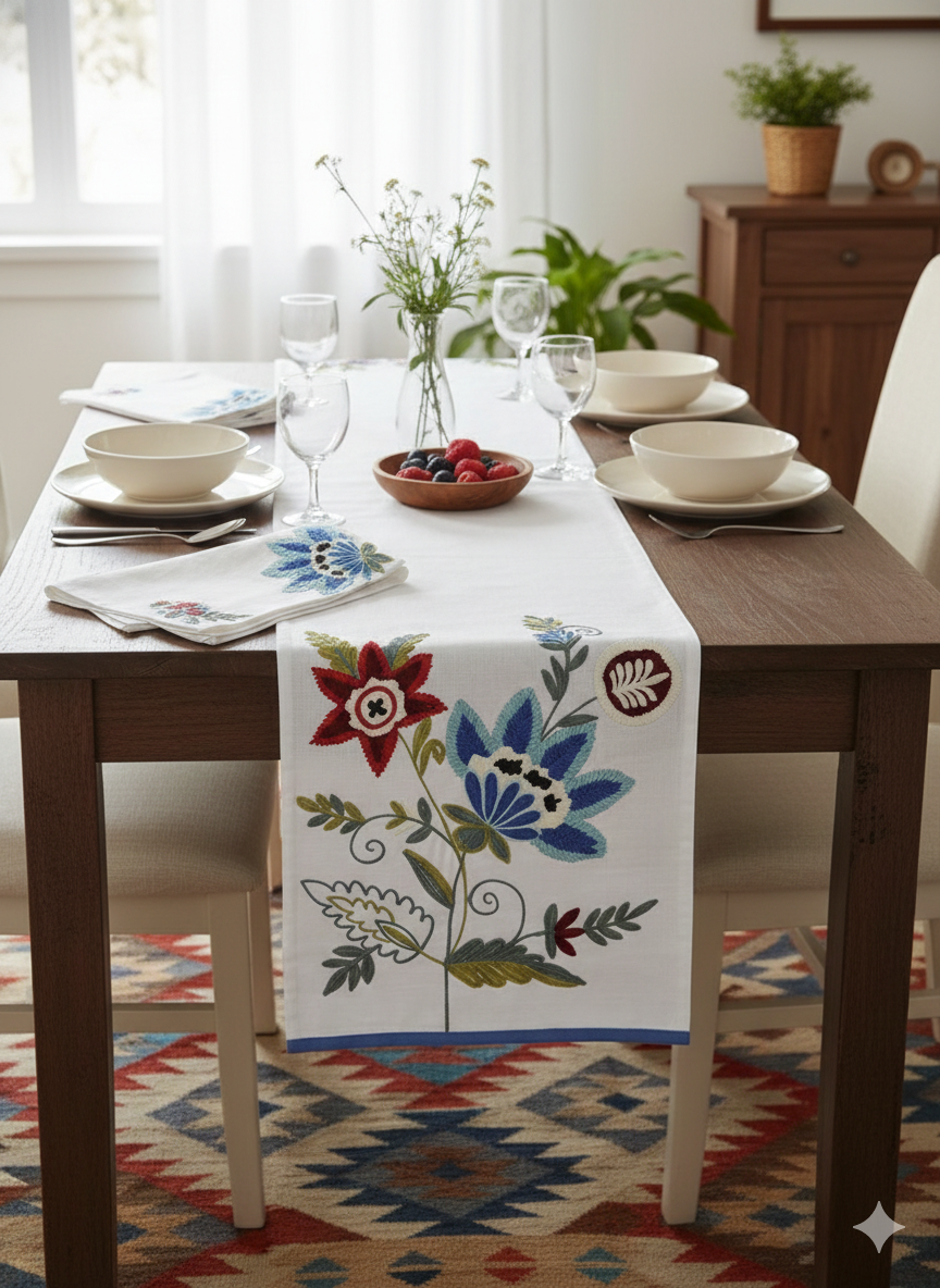 Hand Embroidered Floral Taste Table Runner I Artisan Dining Centerpiece Decoration (14"x72")