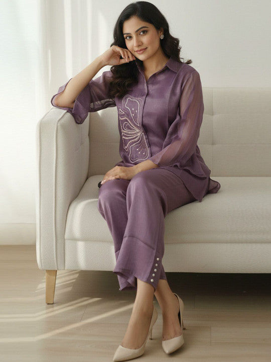 Elegant purple embroidered Co-Ord set for women