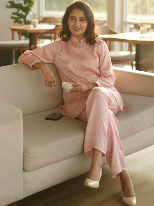 Women’s Elegant Peach Co-Ord Set – Button Down Kurta Top with Straight Pants