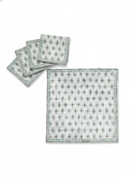 4-Pcs White & Green Cotton Table Napkins