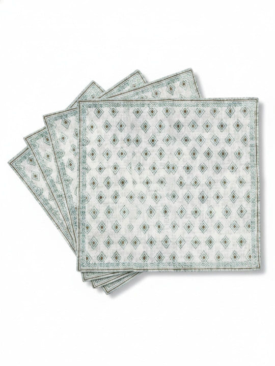 4-Pcs White & Green Cotton Table Napkins