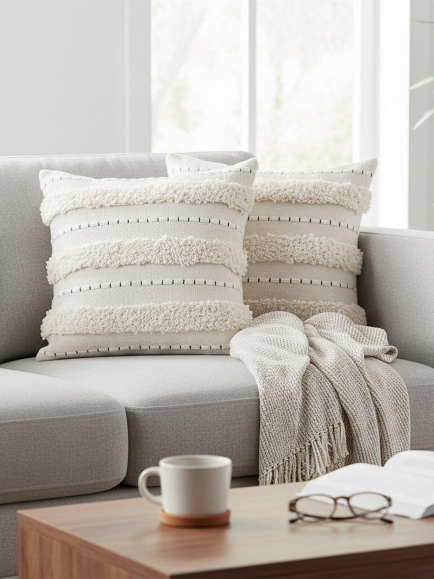 Boho Style Tufted Cushion Cover – Soft Cream Sofa Pillow Cover (18 * 18)inch