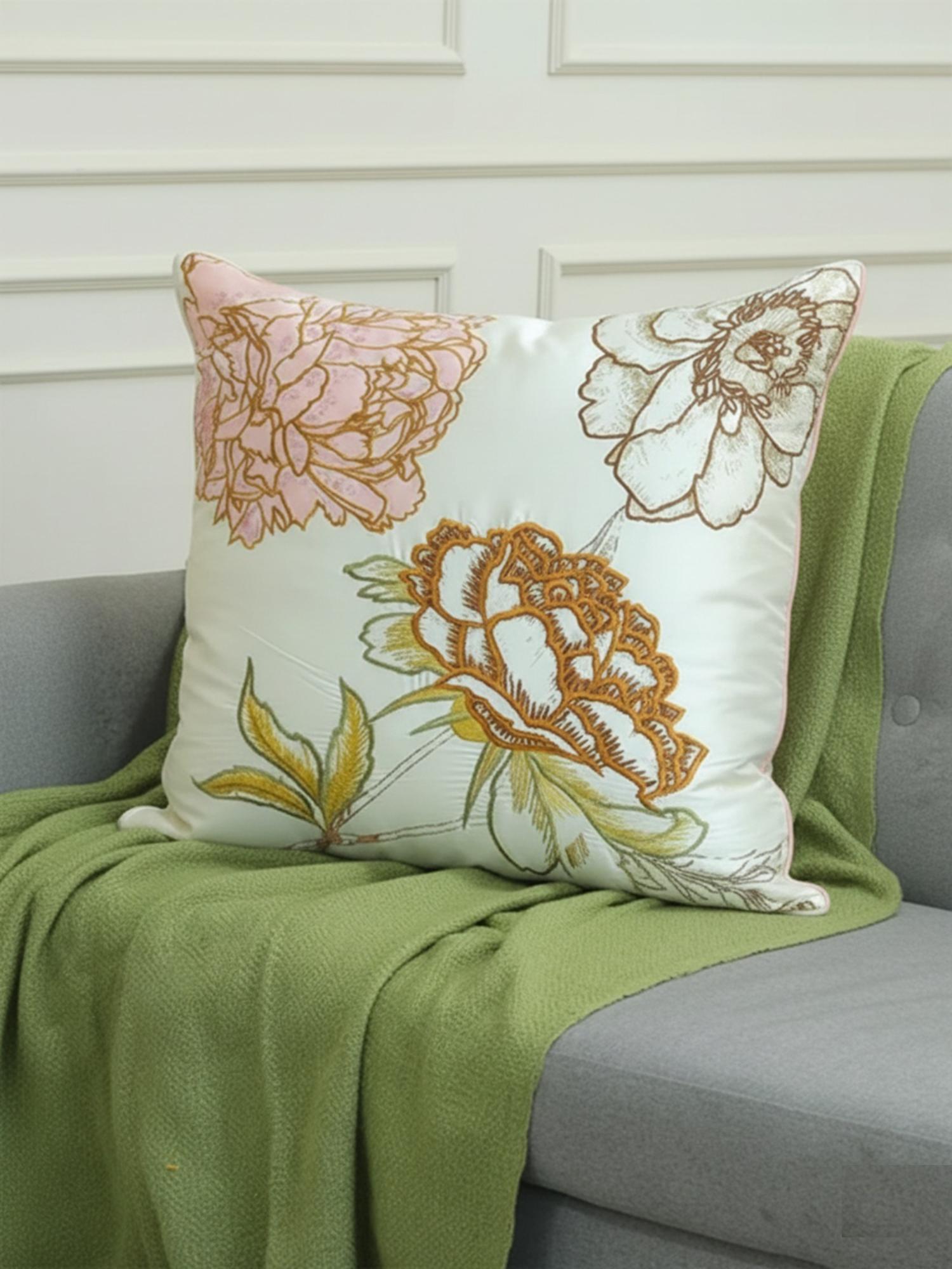“Elegant Floral Embroidered Cushion Cover – Luxury Decorative Throw Pillow”