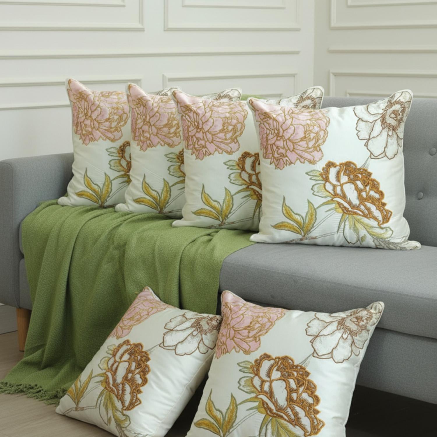 “Elegant Floral Embroidered Cushion Cover – Luxury Decorative Throw Pillow”