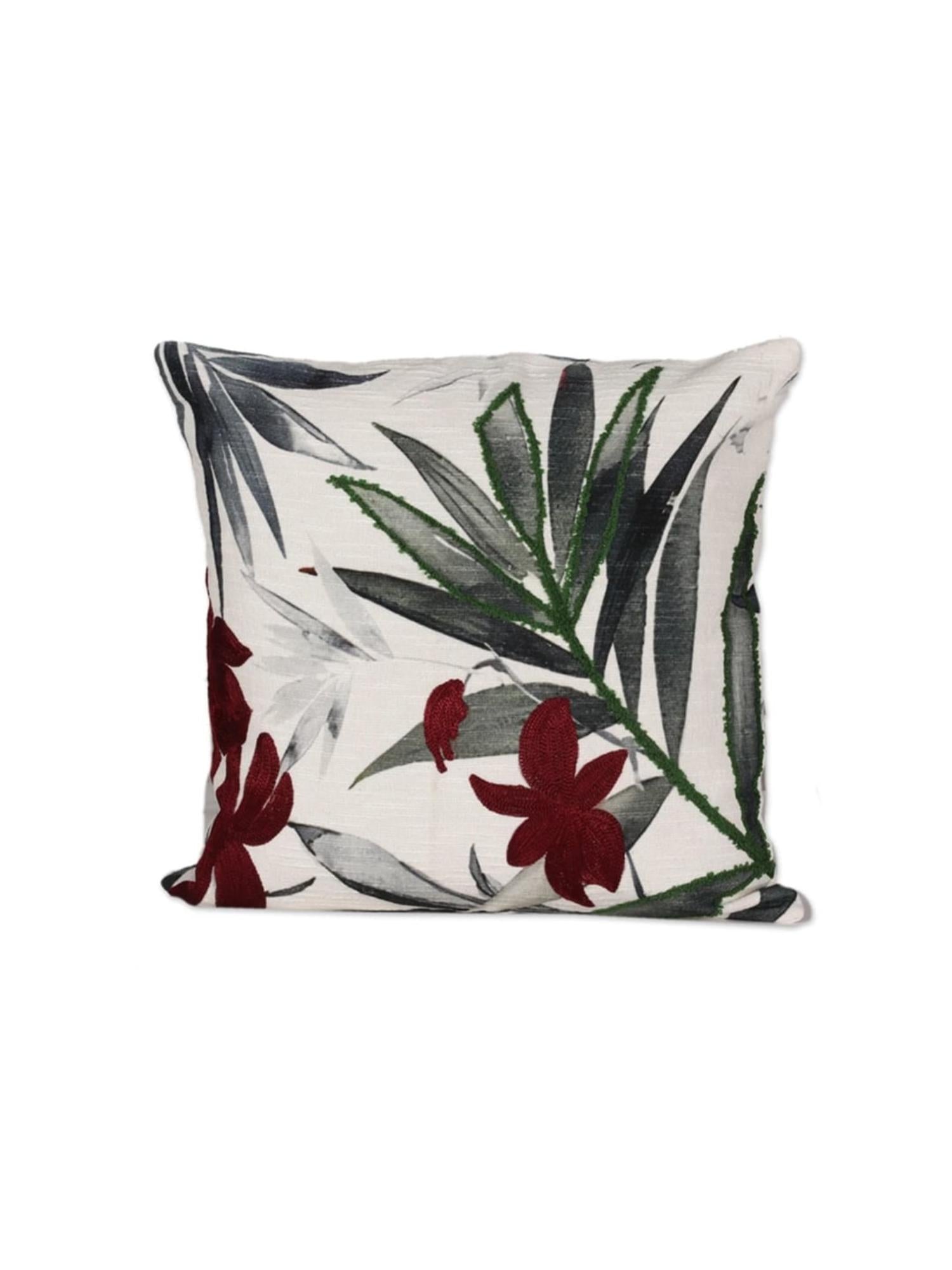 Tropical Floral Cushion Cover – Embroidered Leaf & Red Flower Decorative Pillow (pack of 6)