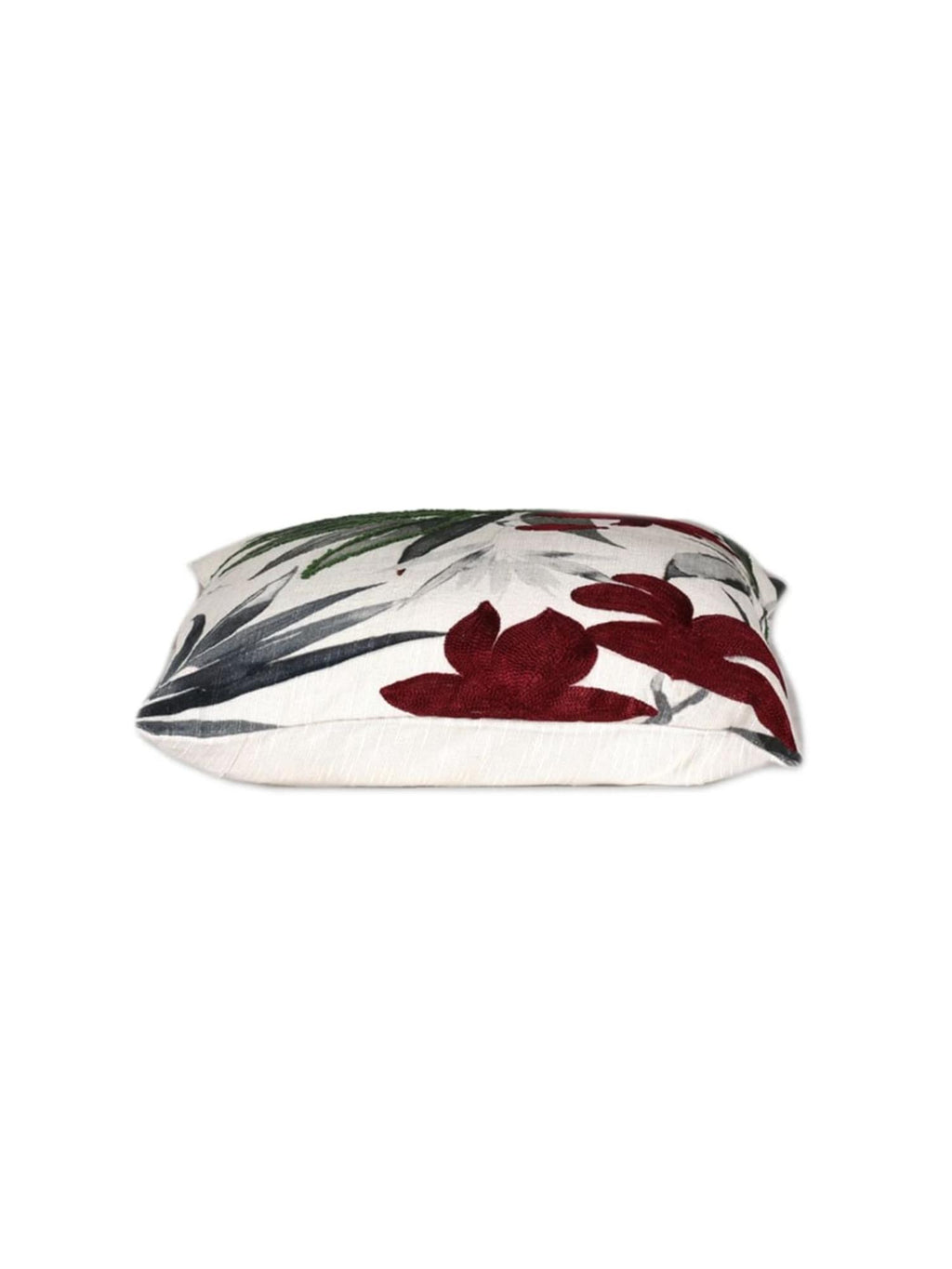Tropical Leaf Cushion Cover with Red Floral Embroidery – Decorative Pillow