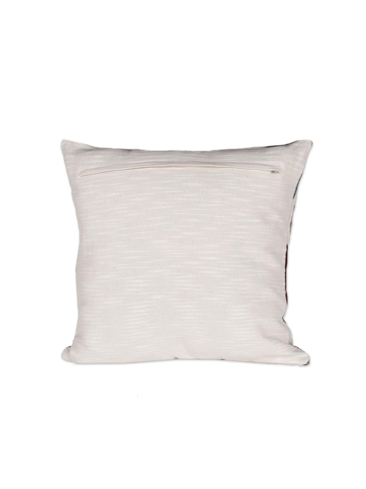 Tropical Leaf Cushion Cover with Red Floral Embroidery – Decorative Pillow