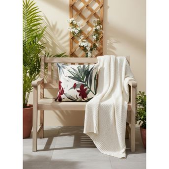Tropical Leaf Cushion Cover with Red Floral Embroidery – Decorative Pillow