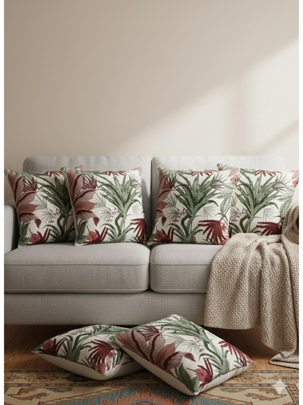 Tropical Floral Cushion Cover – Embroidered Leaf & Red Flower Decorative Pillow (pack of 6)