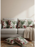 Tropical Floral Cushion Cover – Embroidered Leaf & Red Flower Decorative Pillow (pack of 6)