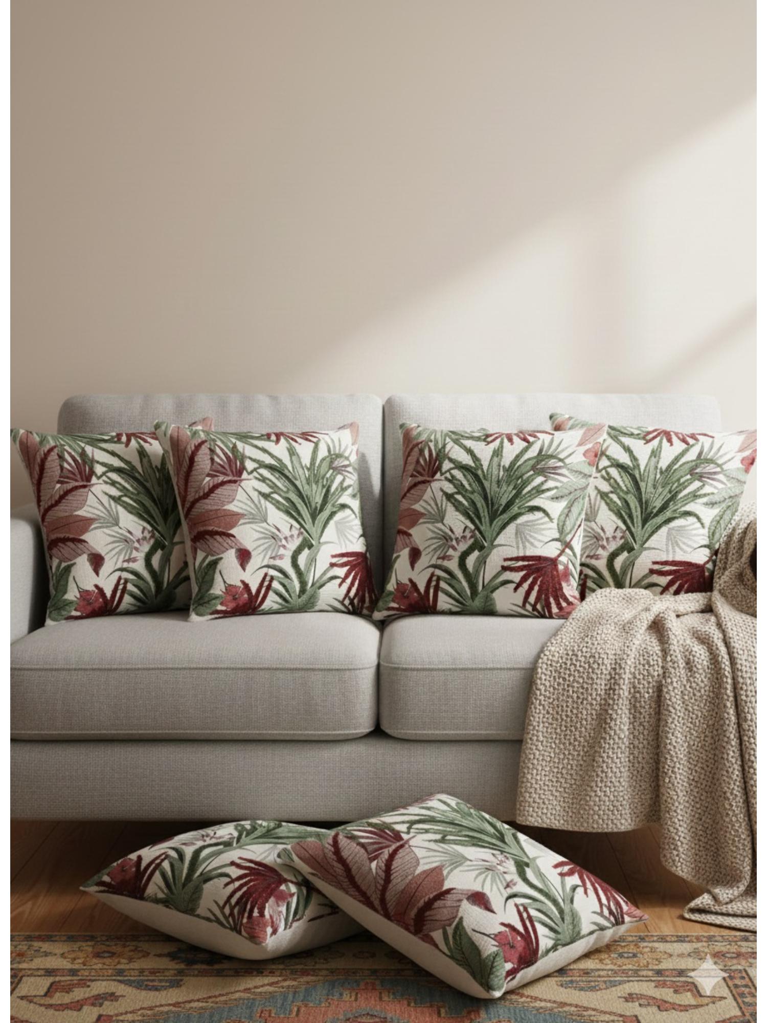 Tropical Floral Cushion Cover – Embroidered Leaf & Red Flower Decorative Pillow (pack of 6)