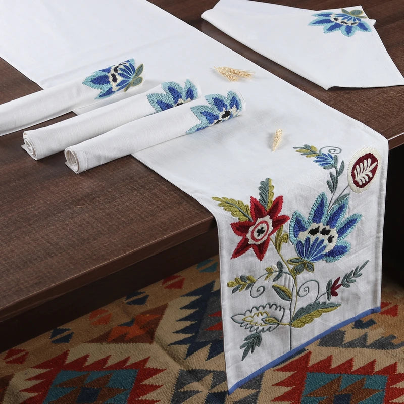 Hand Embroidered Floral Taste Table Runner I Artisan Dining Centerpiece Decoration (14"x72")