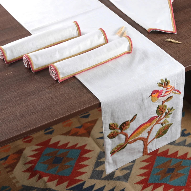 Bird-Themed 5-Pc Cotton Table Linen Set: Embroidered Runner & 4 Placemats