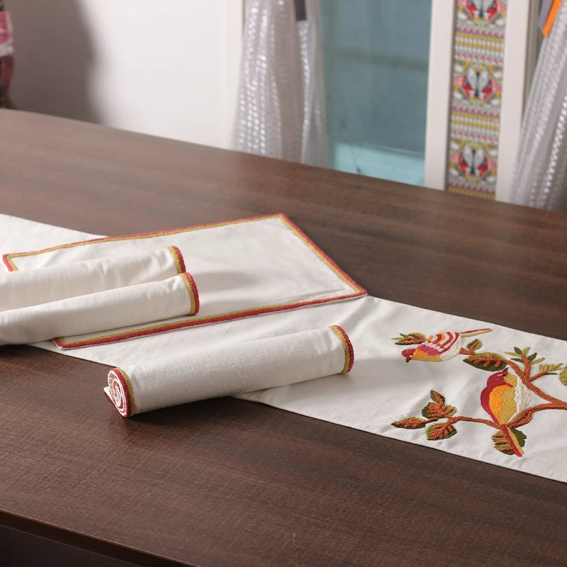 Bird-Themed 5-Pc Cotton Table Linen Set: Embroidered Runner & 4 Placemats