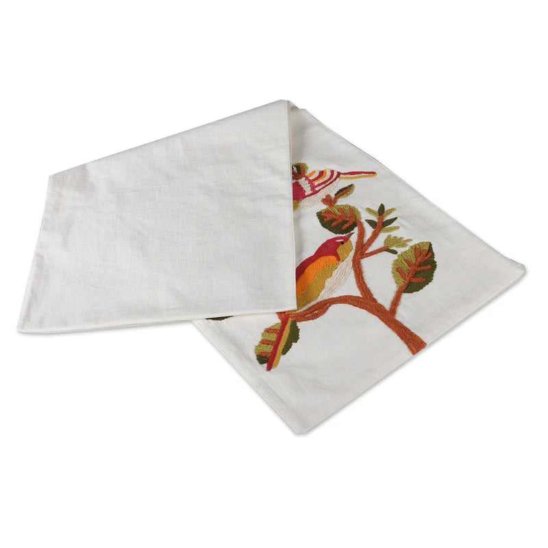 Bird-Themed 5-Pc Cotton Table Linen Set: Embroidered Runner & 4 Placemats
