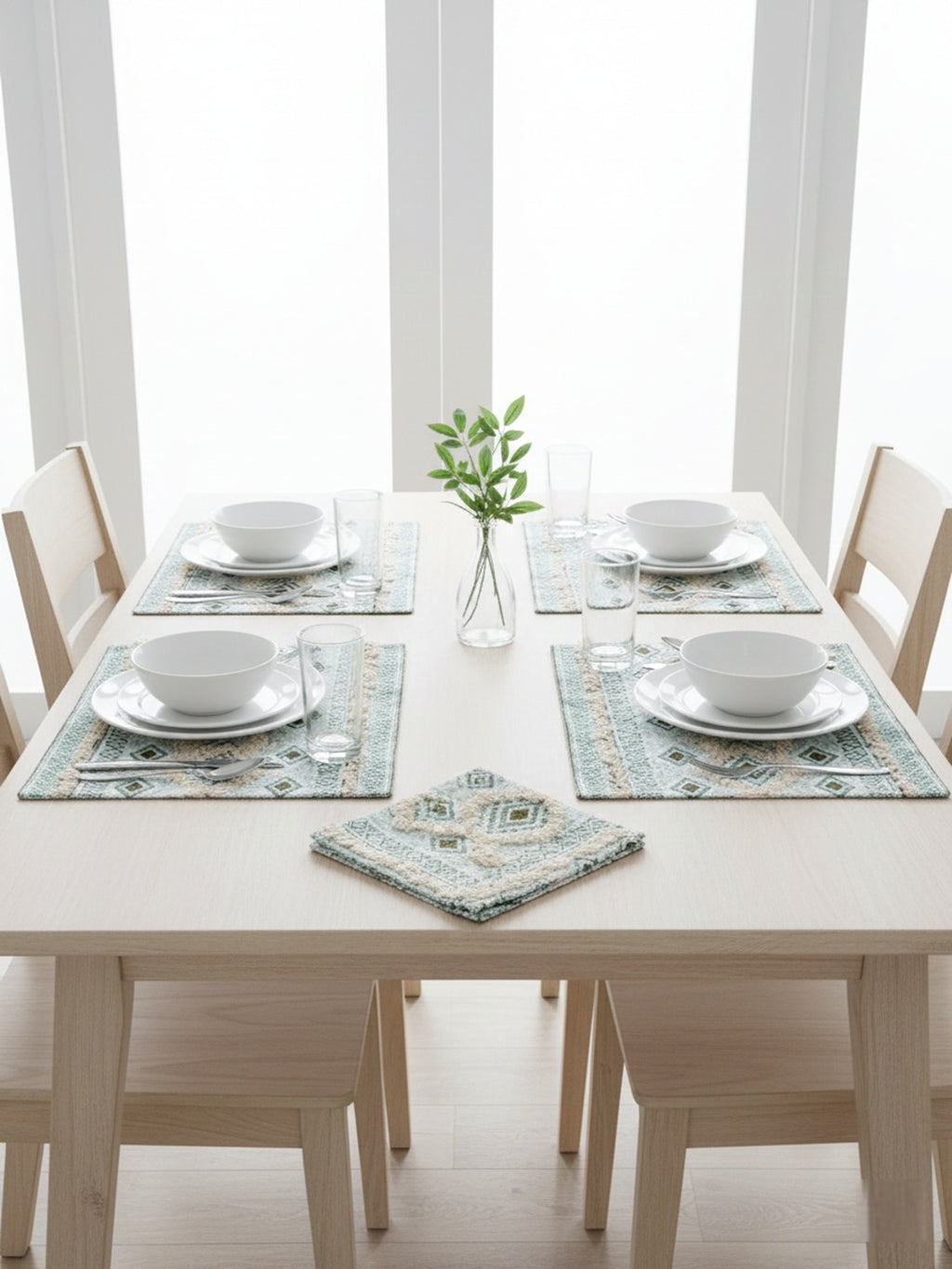 9 Pc Fringed Cotton Table Linen Set: Runner, 4 Place Mats, 4 Napkins I