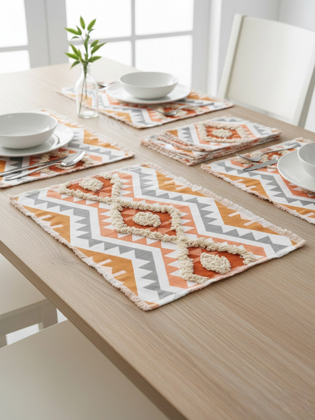 9 Pc Embroidered Cotton Table Linen Set: Runner, 4 Place Mats, 4 Napkins