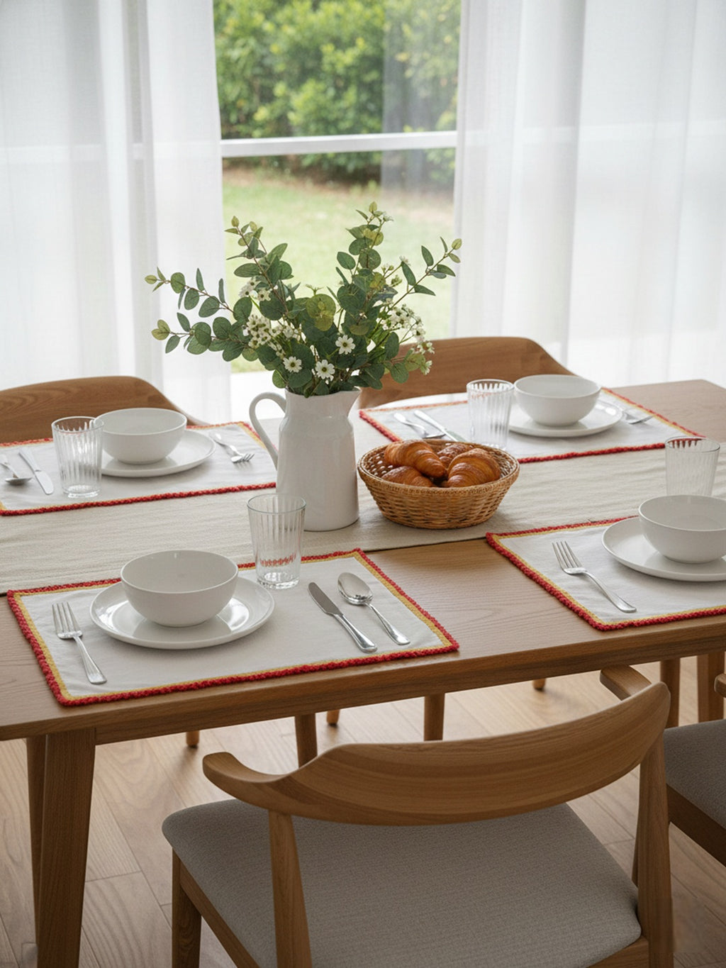 Bird-Themed 5-Pc Cotton Table Linen Set: Embroidered Runner & 4 Placemats