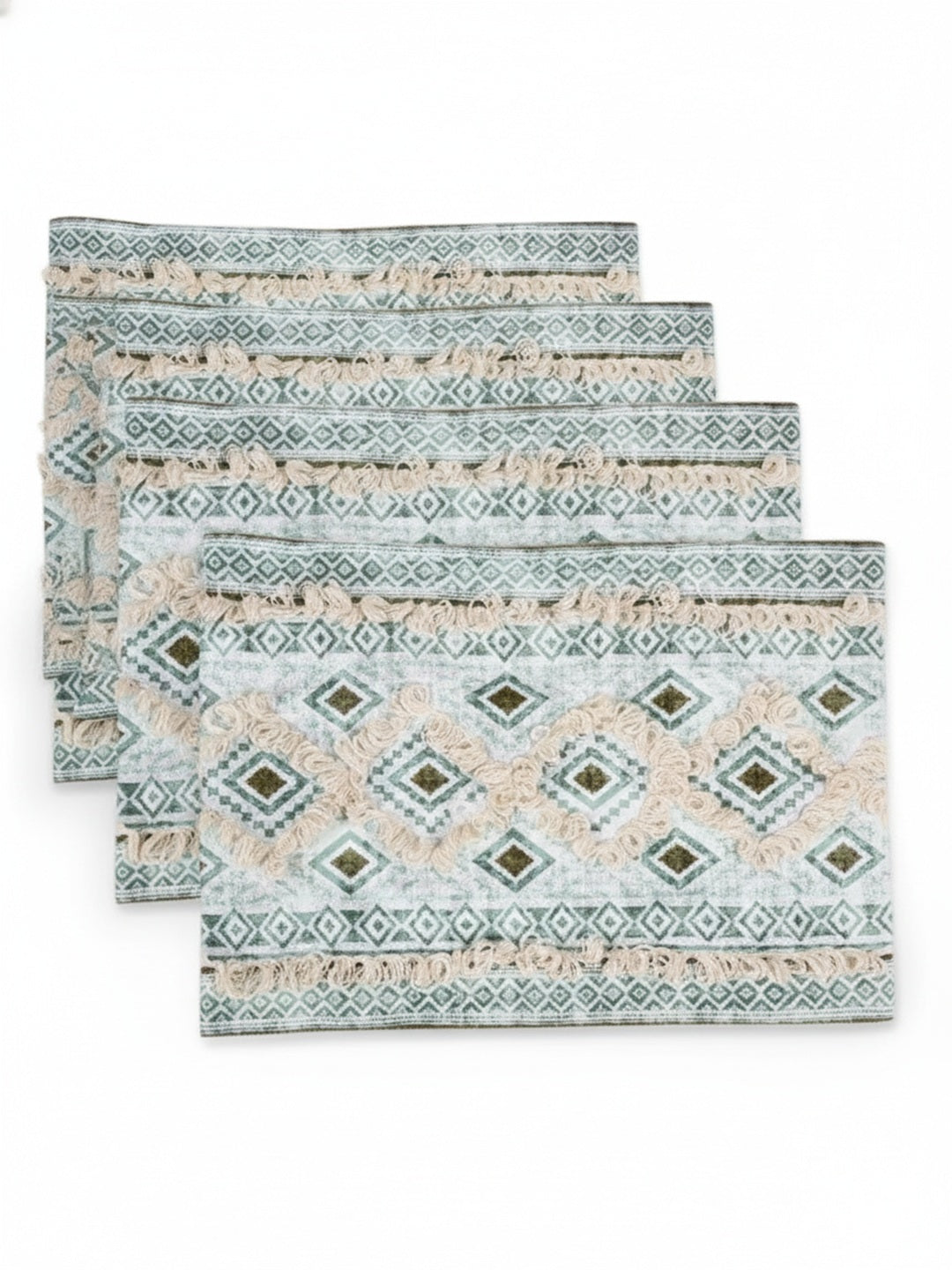 9 Pc Fringed Cotton Table Linen Set: Runner, 4 Place Mats, 4 Napkins I