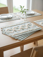 9 Pc Fringed Cotton Table Linen Set: Runner, 4 Place Mats, 4 Napkins I