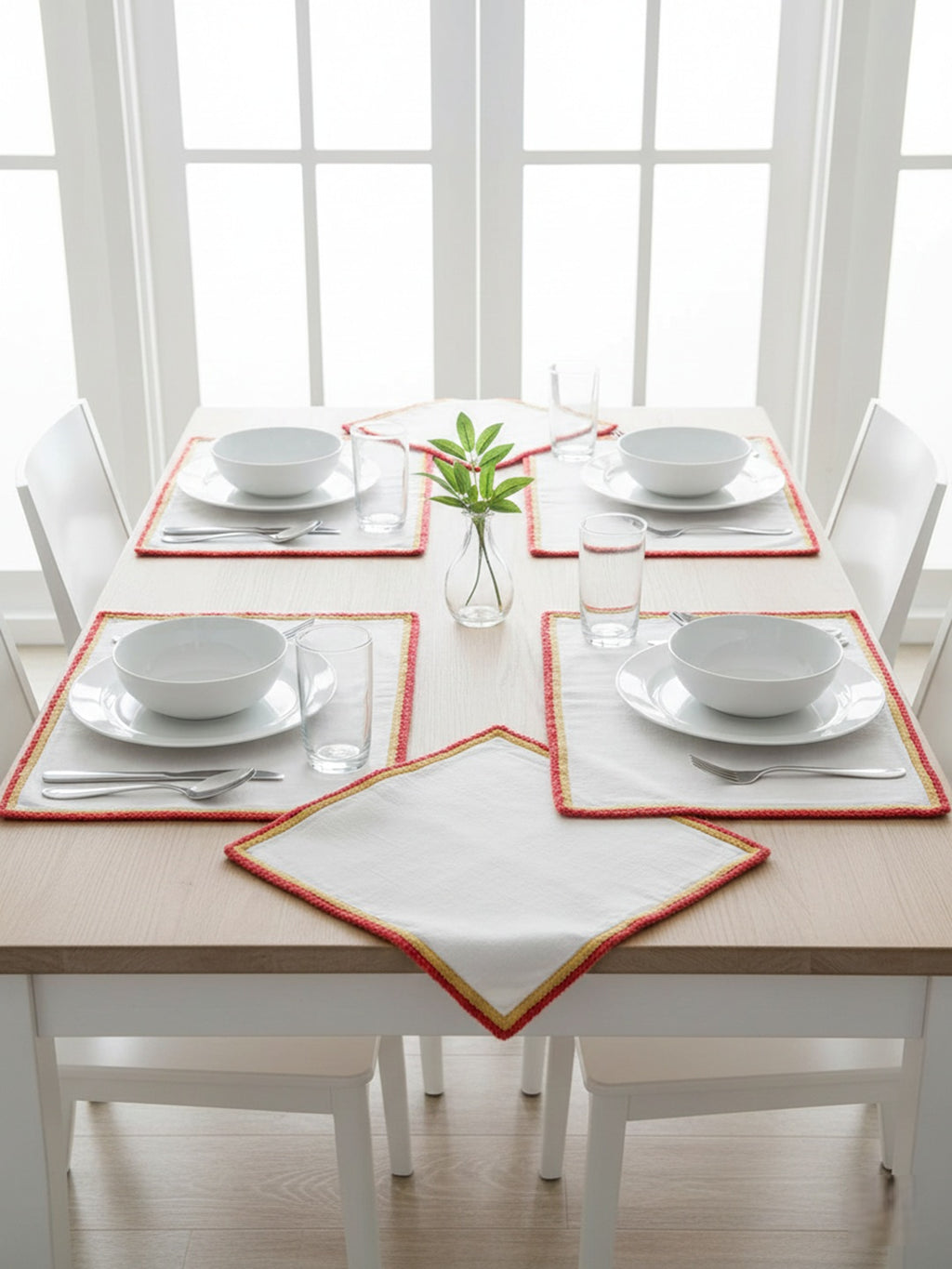 Bird-Themed 5-Pc Cotton Table Linen Set: Embroidered Runner & 4 Placemats