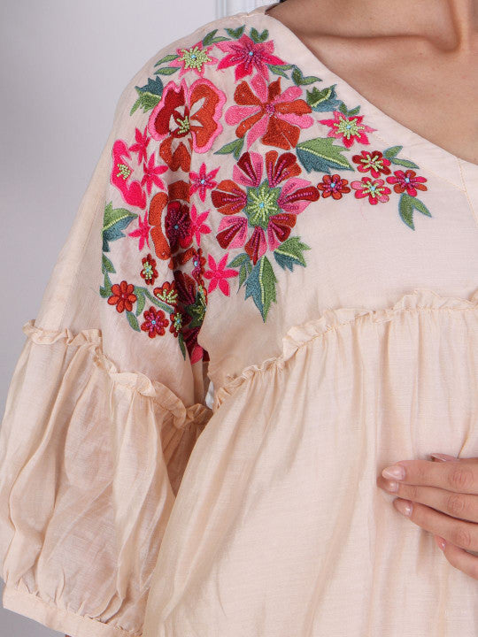 Elegant Beige Floral Embroidered Kurta Pant Set for Women