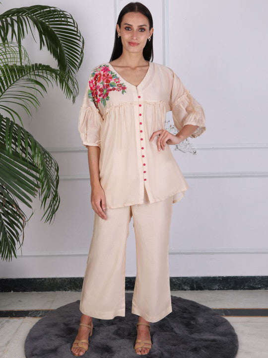 Elegant Beige Floral Embroidered Kurta Pant Set for Women