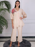 Elegant Beige Floral Embroidered Kurta Pant Set for Women
