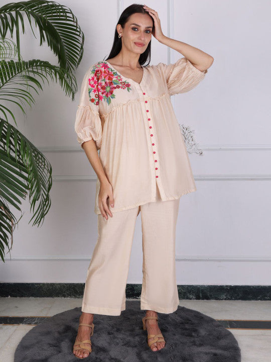 Elegant Beige Floral Embroidered Kurta Pant Set for Women