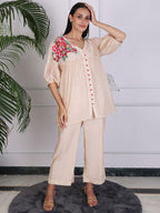 Elegant Beige Floral Embroidered Kurta Pant Set for Women