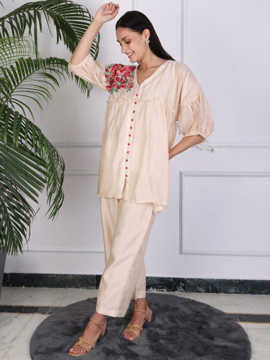 Elegant Beige Floral Embroidered Kurta Pant Set for Women