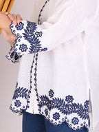 Women White Embroidered Shirt & Blue Denim Pant Co-Ord Set