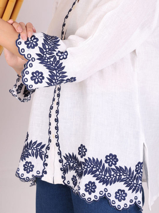 Women White Embroidered Shirt & Blue Denim Pant Co-Ord Set