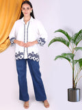 Women White Embroidered Shirt & Blue Denim Pant Co-Ord Set
