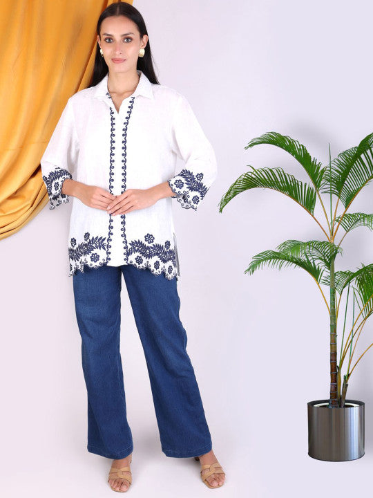 Women White Embroidered Shirt & Blue Denim Pant Co-Ord Set