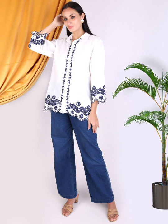 Women White Embroidered Shirt & Blue Denim Pant Co-Ord Set