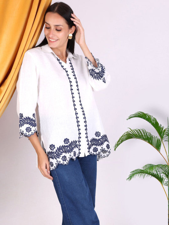 Women White Embroidered Shirt & Blue Denim Pant Co-Ord Set