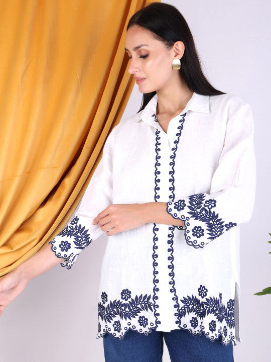 Women White Embroidered Shirt & Blue Denim Pant Co-Ord Set
