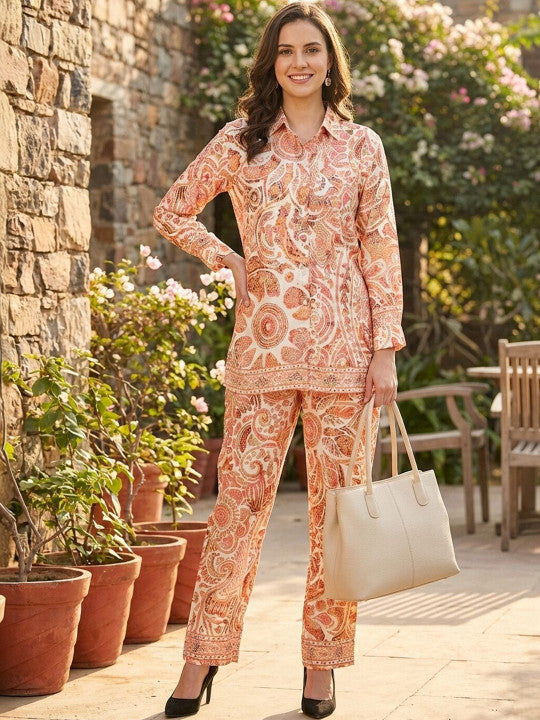 women peach printed kurta & pant set