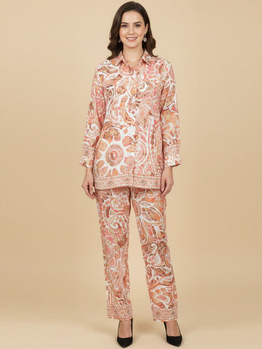 women peach printed kurta & pant set
