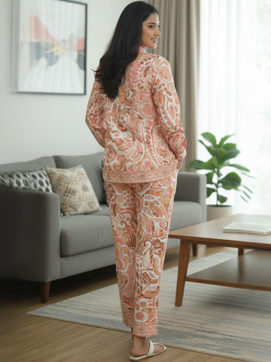 women peach printed kurta & pant set