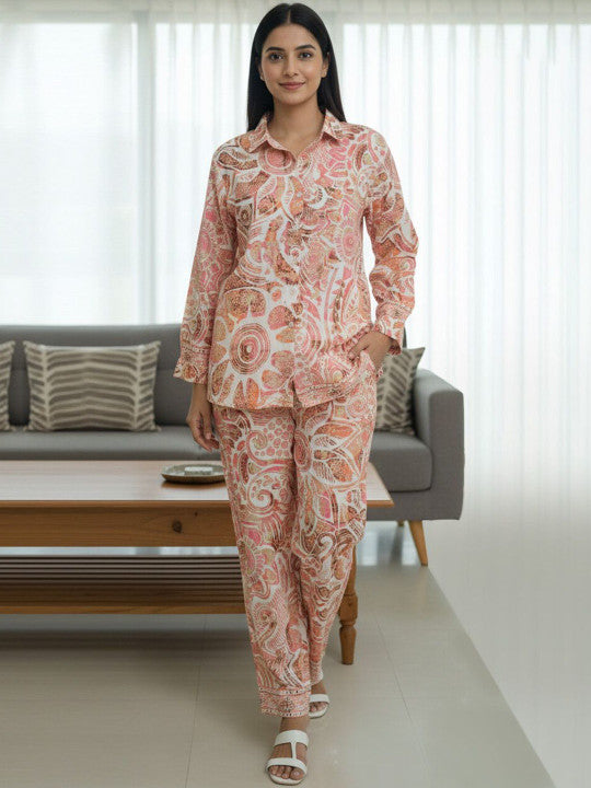 women peach printed kurta & pant set
